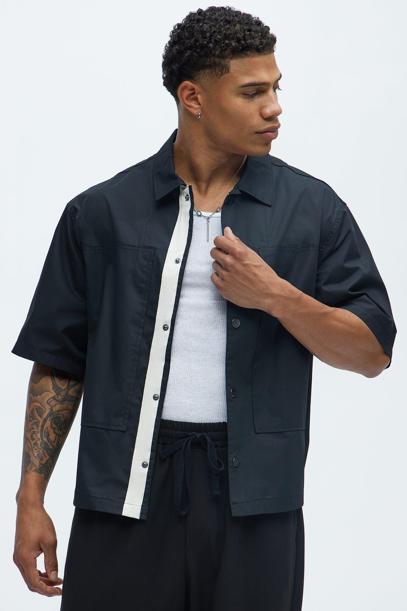 Contrast Panel Cropped Button Up Shirt - Black Product Image