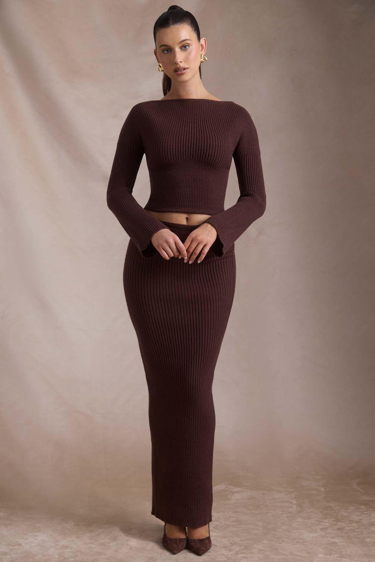 Ribbed-Knit Foldover Maxi Skirt in Espresso Product Image