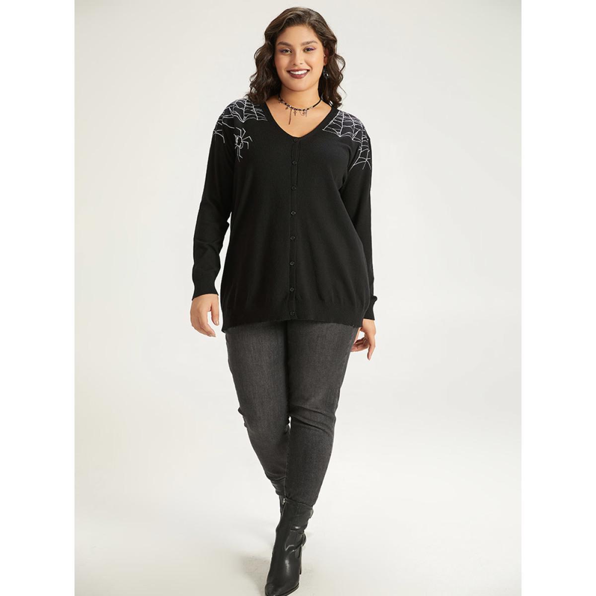 Plus Size Supersoft Essentials Halloween Spider Web Button Through Cardigan Black Women Casual Loose Long Sleeve Dailywear Cardigans BloomChic 26/4X Product Image