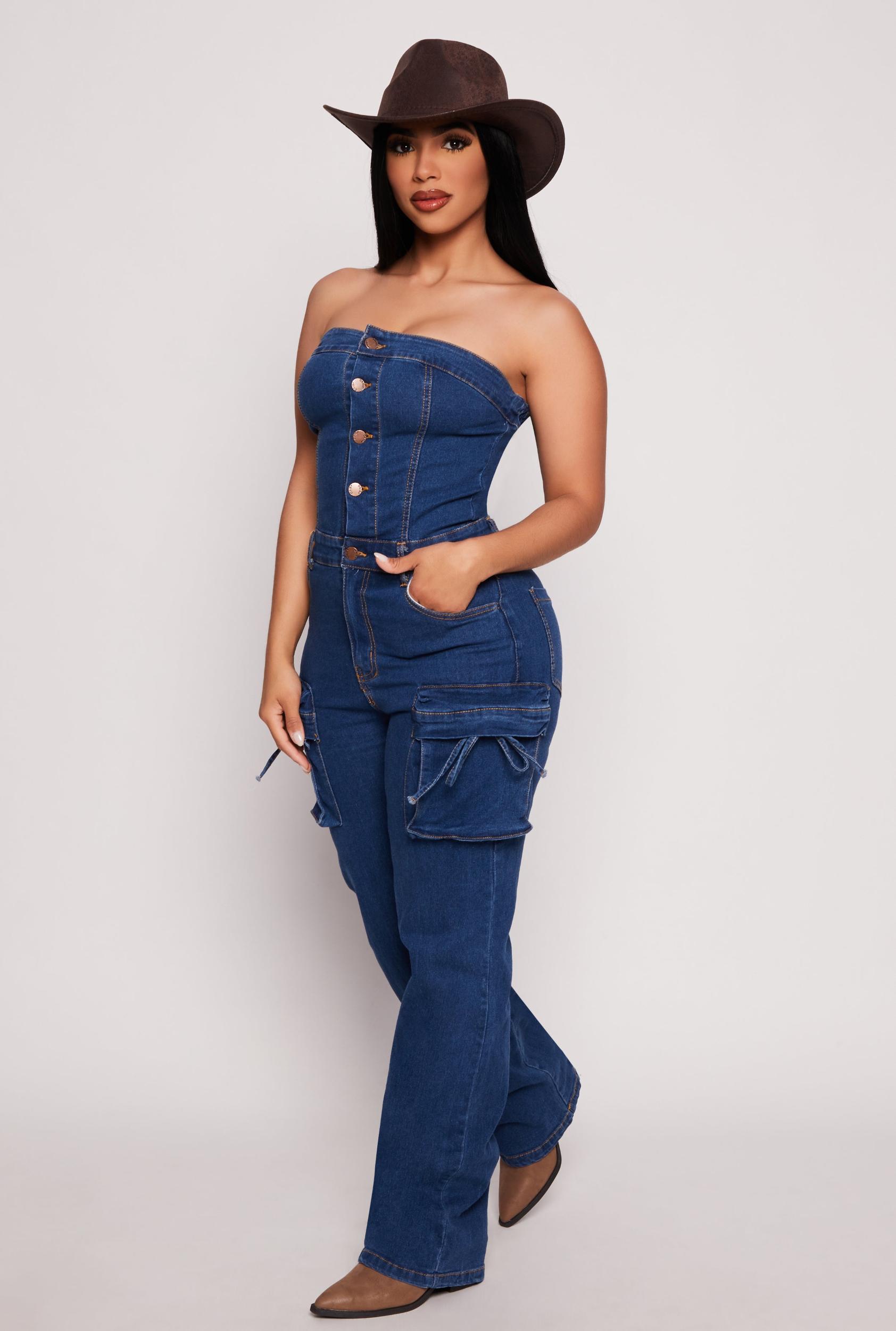 Womens Daisy Denim Cargo Strapless Jumpsuit Product Image