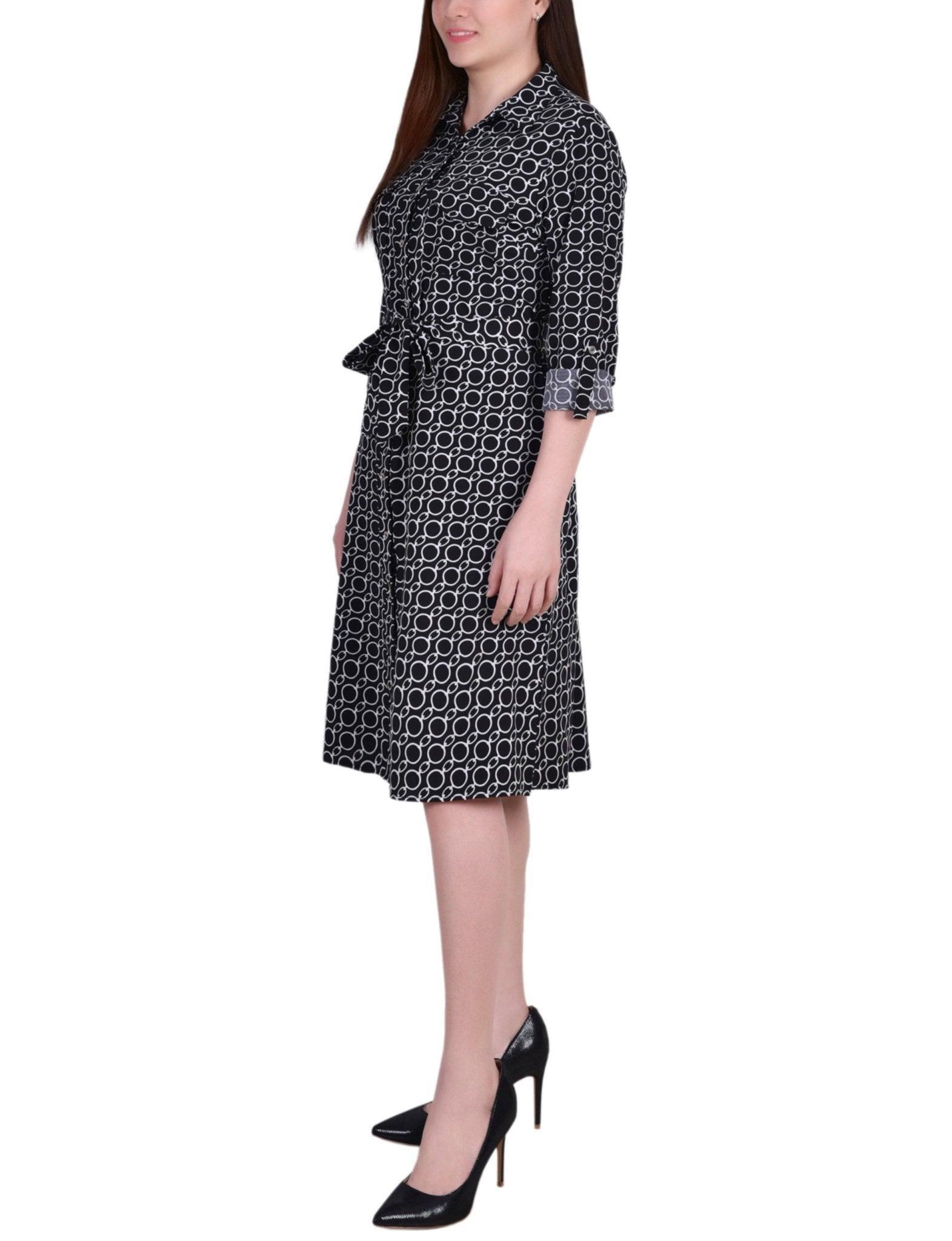 Cypress Inca Gold Navy Zigzag 3/4 Roll Tab Sleeve Belted Shirtdress - Petite Product Image