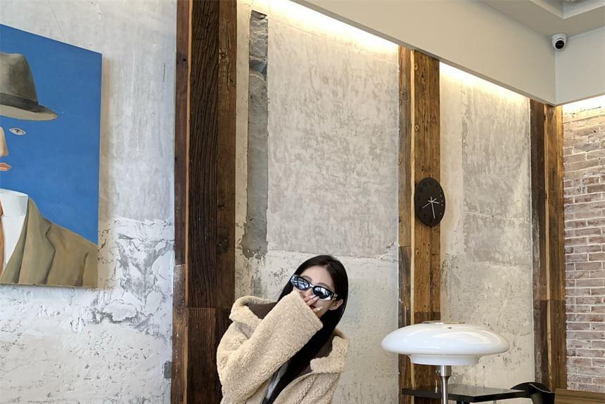 Hooded Plain Fleece Zip Up Jacket / Mid Waist Plaid Wide Leg Pants Product Image