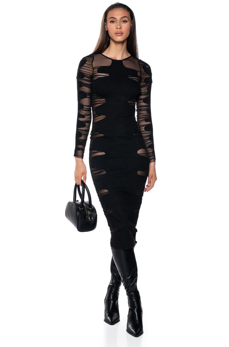 DEVON DENIM AND MESH LONG SLEEVE MIDI DRESS Product Image