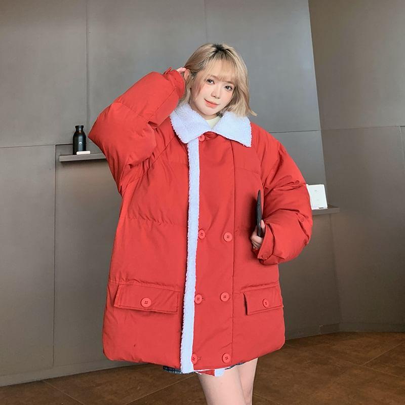 Couple Matching Collared Fleece-Lined Button Puffer Jacket Product Image