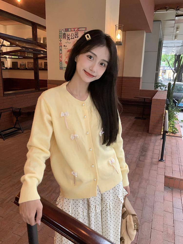 Round Neck Plain Bow Cardigan Product Image