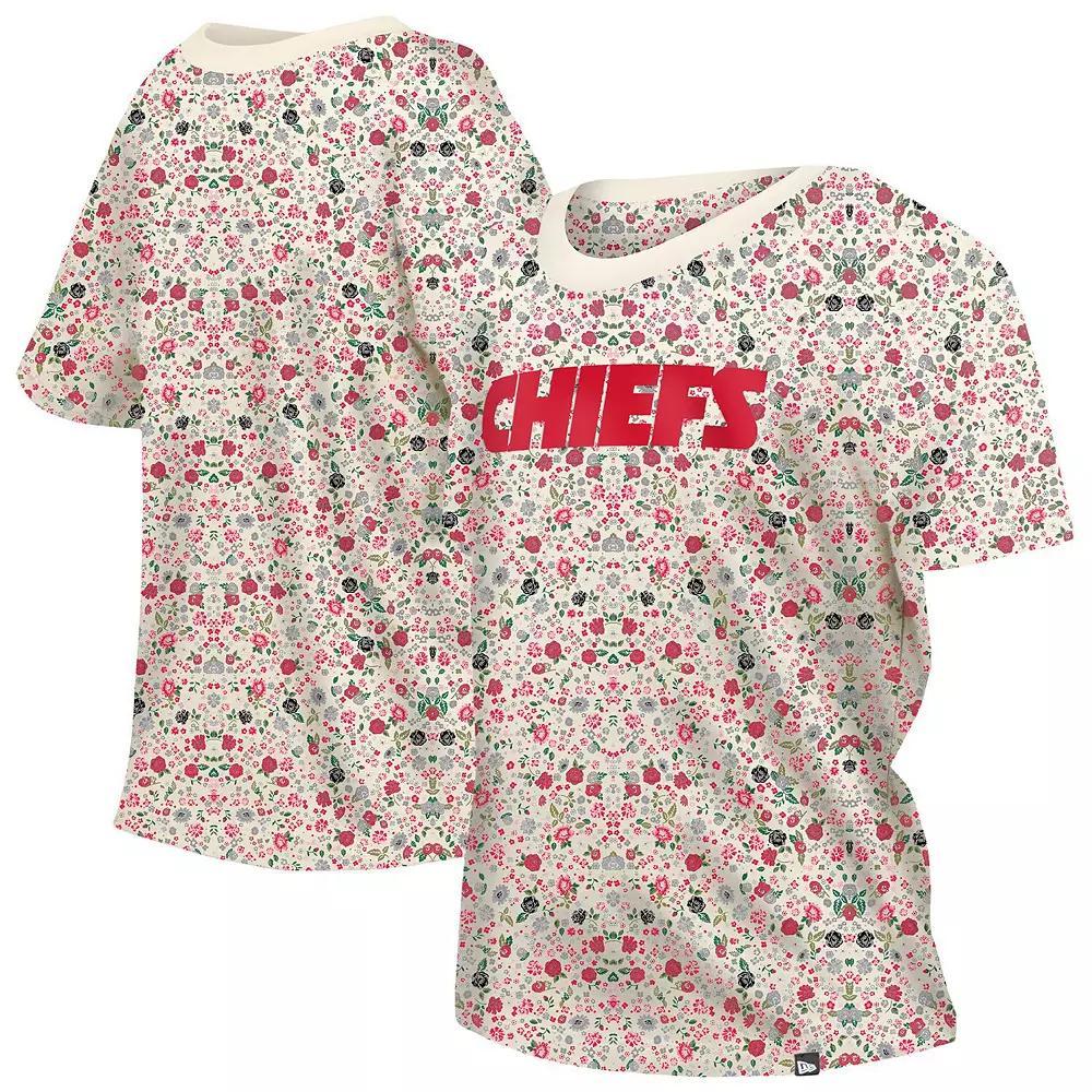 Women's New Era Cream Kansas City Chiefs Glam Game Floral T-Shirt, Size: Small, Beige Product Image