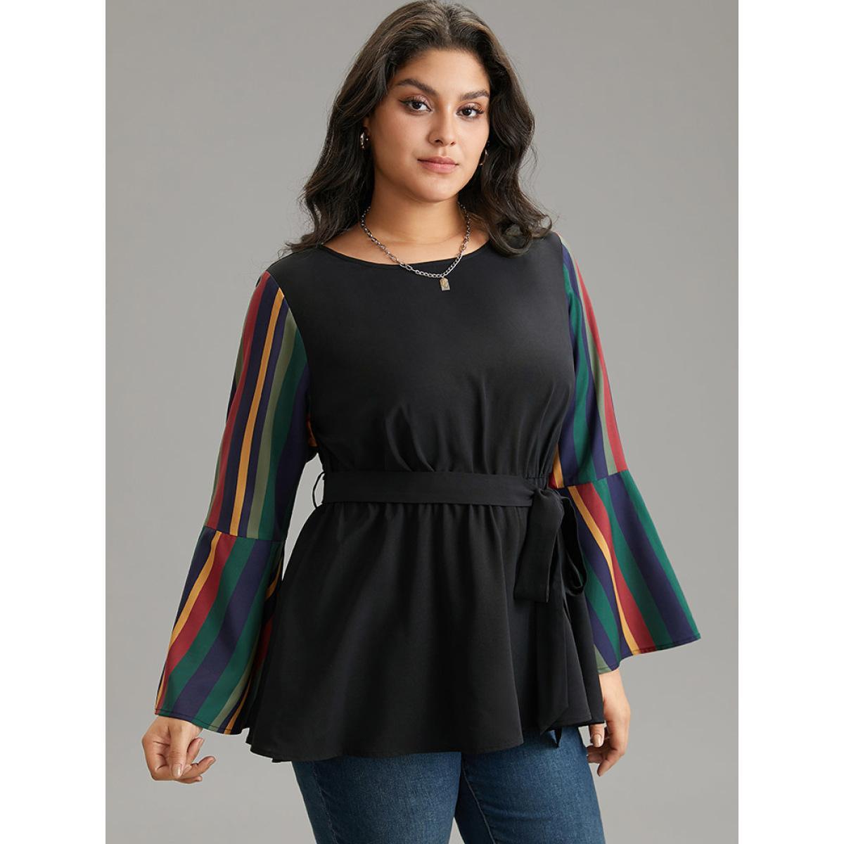 Plus Size Black Striped Patchwork Belted Bell Sleeve Blouse Women Vacation Long Sleeve Round Neck Vacation Blouses BloomChic 28/5X Product Image