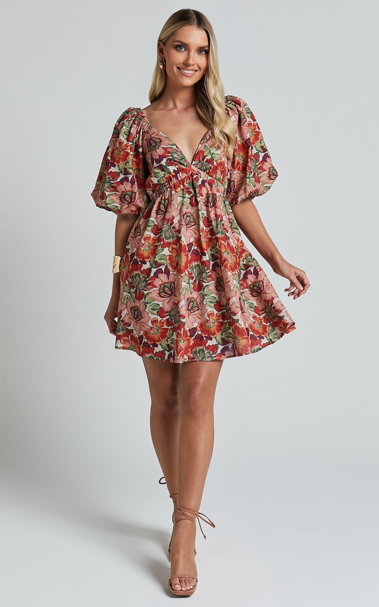 Amalie The Label - Loleta Linen Blend Short Balloon Sleeve Low Back Mini Dress in Musee Print Product Image