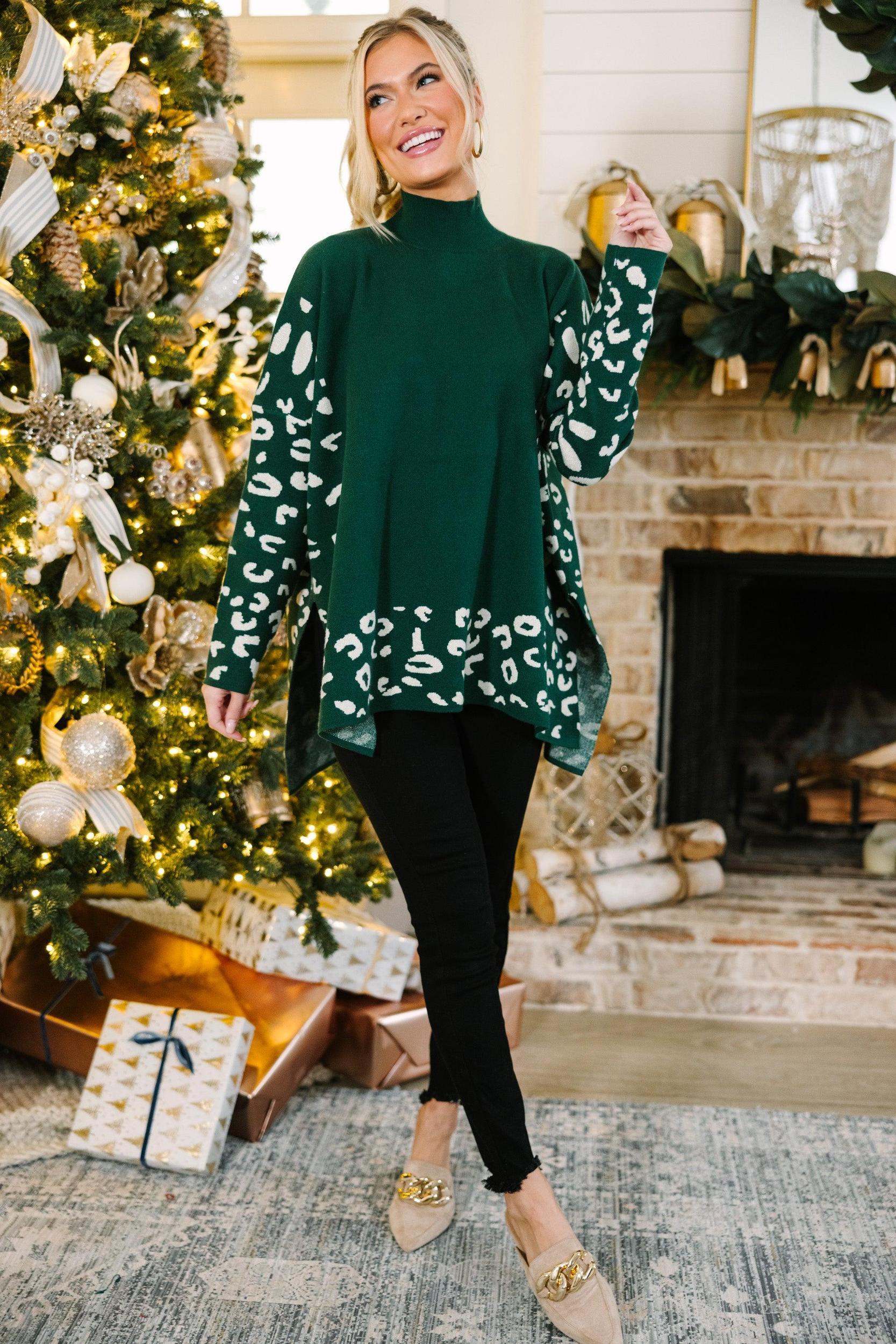 All In Theory Emerald Green Leopard Sweater Tunic Female Product Image