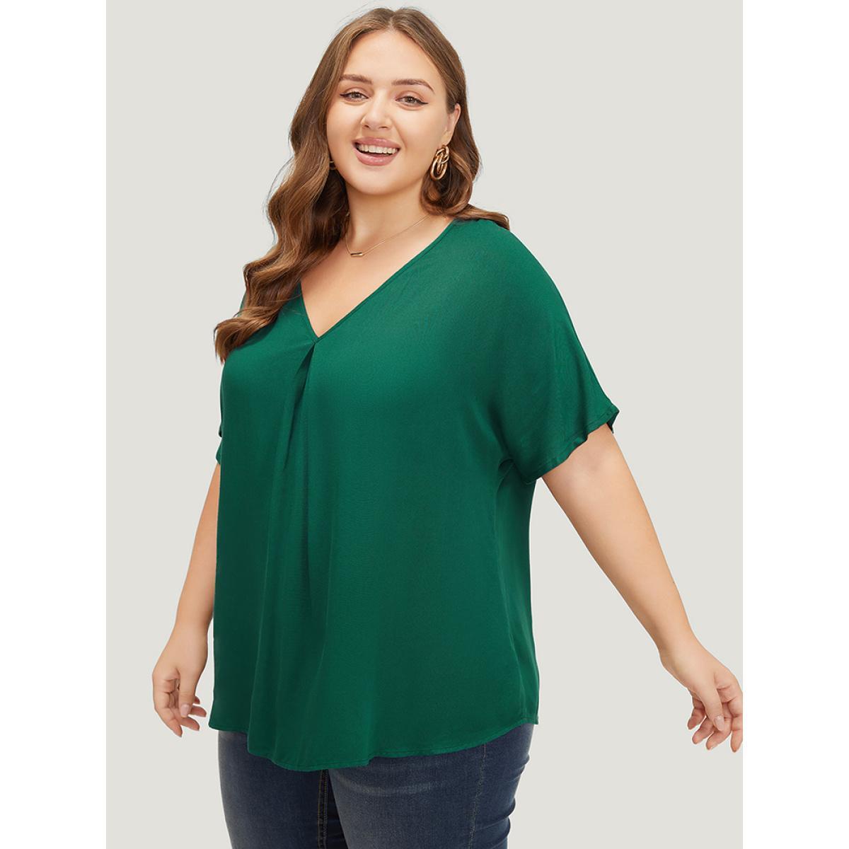 Plus Size ArmyGreen Plain Plicated Detail Batwing Sleeve Curved Hem Blouse Women Office Short sleeve V-neck Work Blouses BloomChic 12/L Product Image