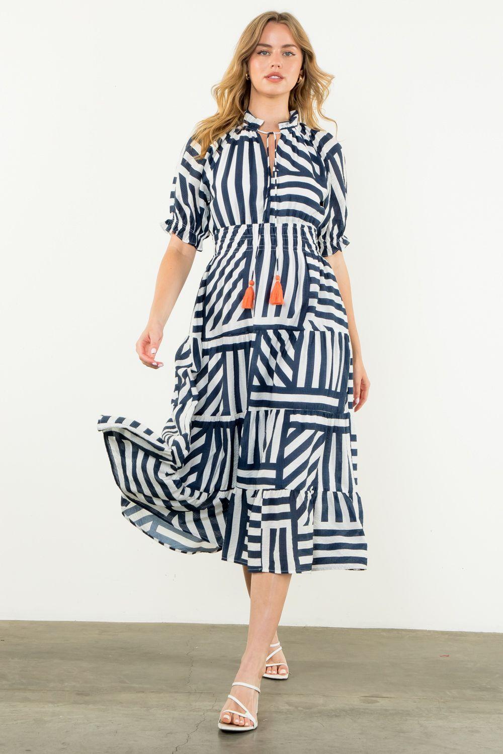 Tess Puff Sleeve Striped Tiered Dress Product Image