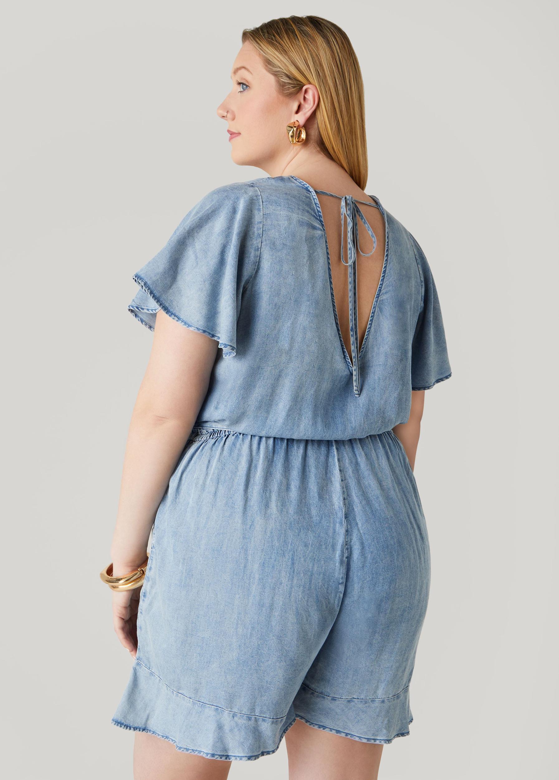 Ruffle Trimmed Chambray Romper Product Image