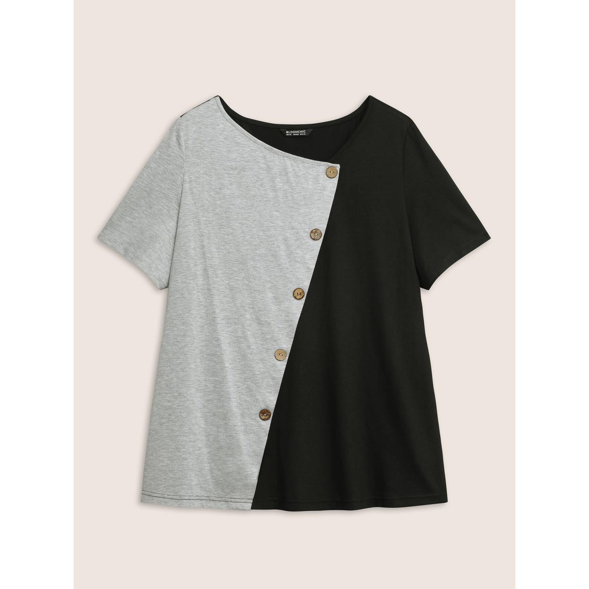 Plus Size Two Tone Button Detail Asymmetrical Neck T-shirt Black Women Casual Contrast Plain Asymmetrical Neck Everyday T-shirts BloomChic 14-16/1X Product Image