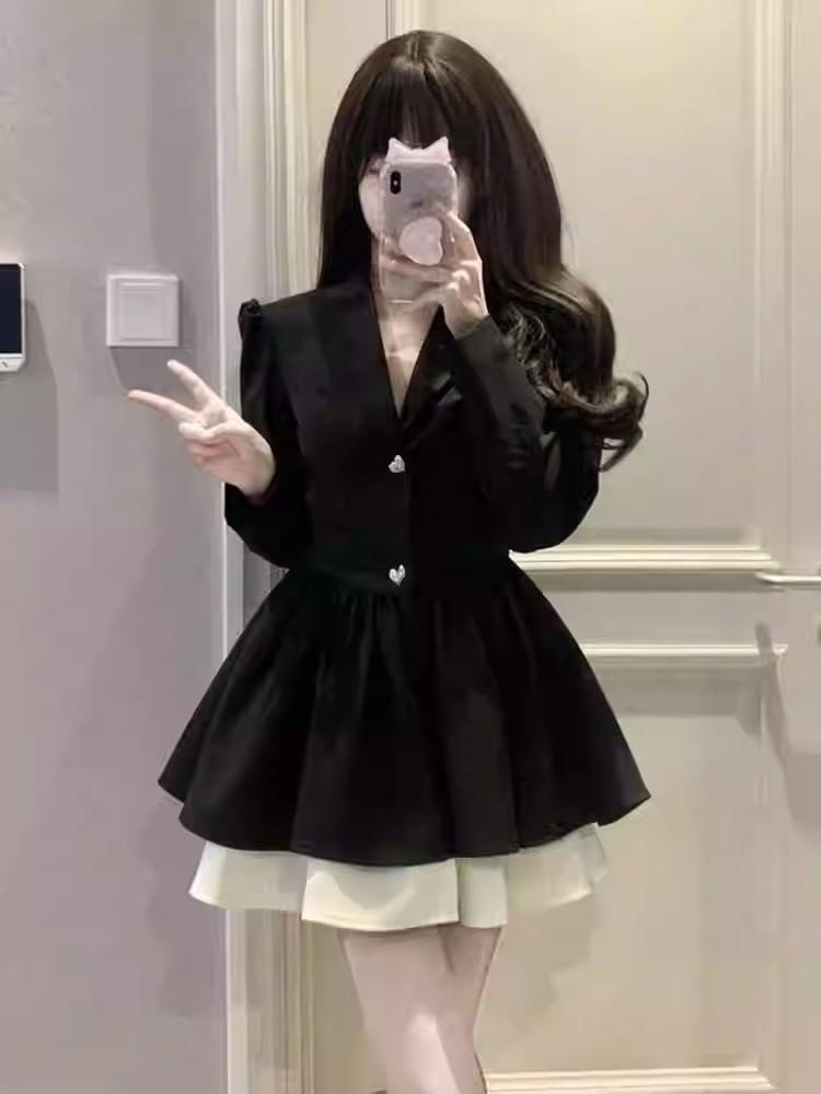 Long-Sleeve Lapel Collar Two Tone Mini A-Line Dress Product Image