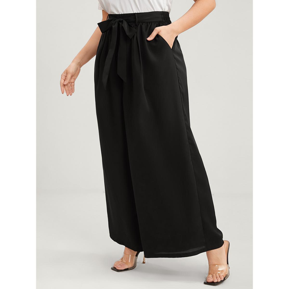 Plus Size Solid Elastic Waist Knotted Front Pocket Wide Leg Pants Women Black Casual Wide Leg High Rise Dailywear Pants BloomChic 22-24/3X Product Image