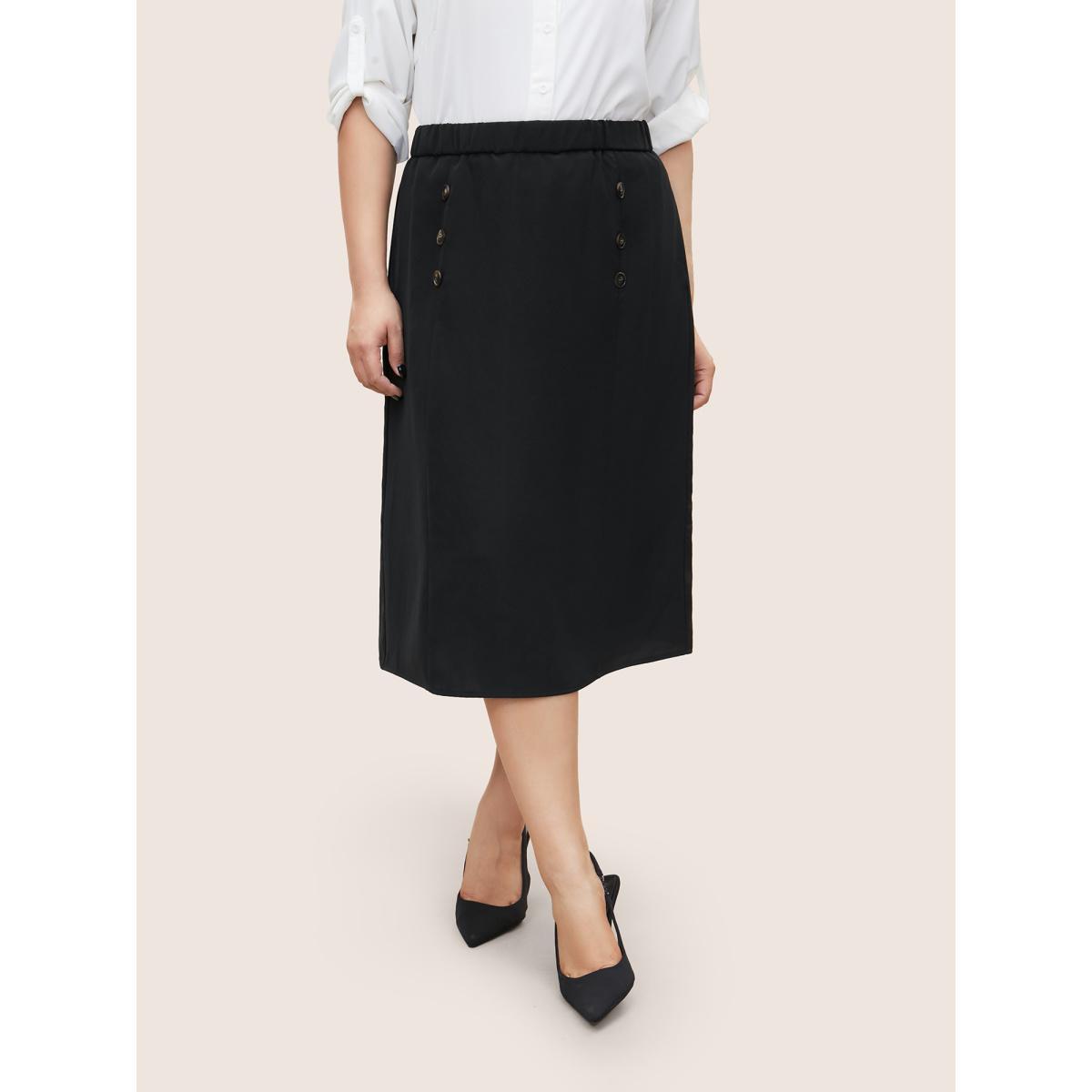 Plus Size Plain Button Detail Pocket Elastic Waist Cropped Skirt Women Black Workwear Essentials Non No stretch Slanted pocket Work Skirts BloomChic 26/4X Product Image