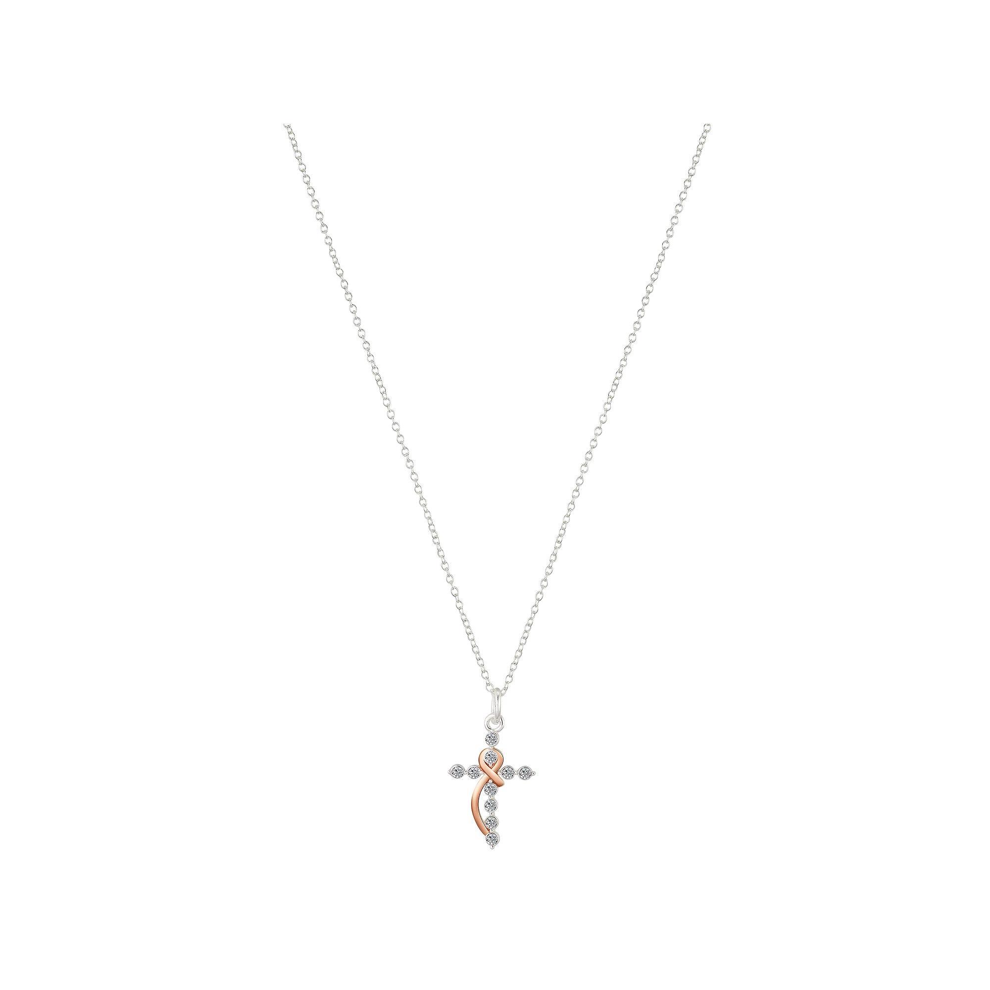 Brilliance Brass and 14K Gold Plated Cross Pendant Necklace, Women's, Size: 18", Silver Rose Clear Product Image