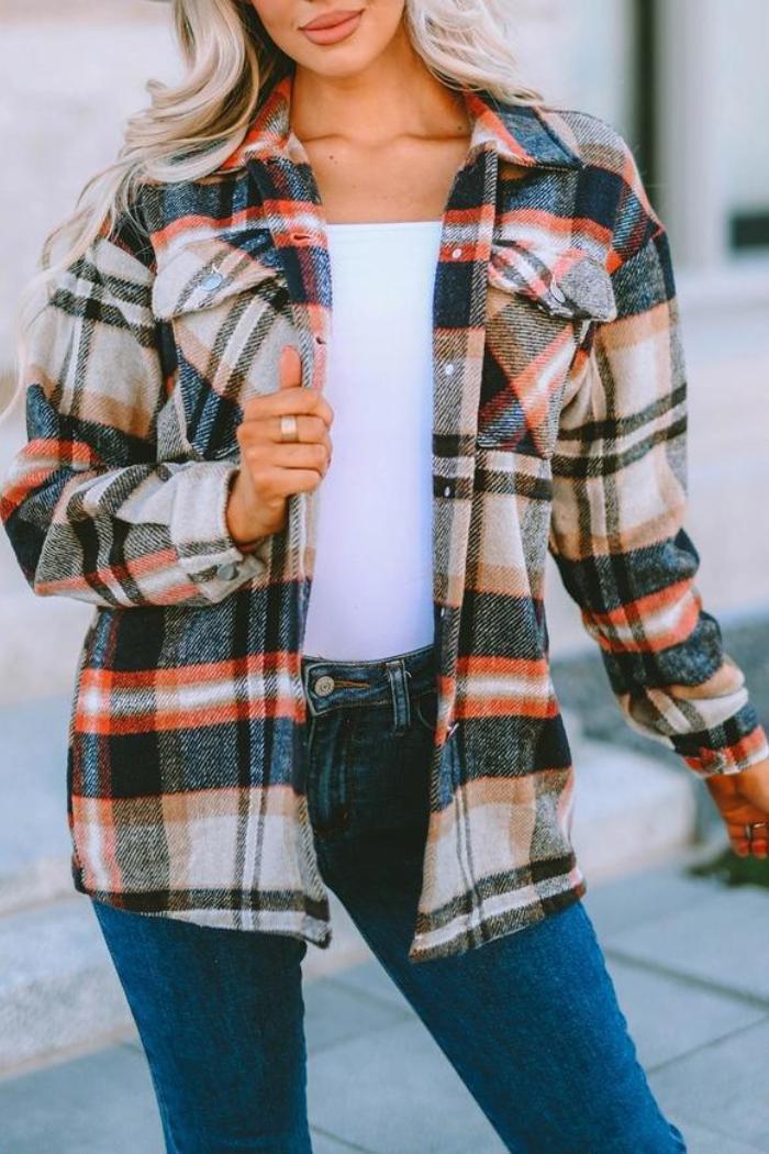 Plaid Print Pocketed Shacket Product Image