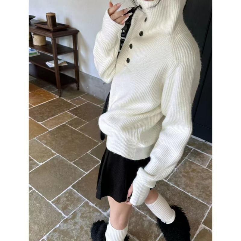 Long Sleeve Mock Neck Plain Button Detail Loose-Fit Sweater Product Image