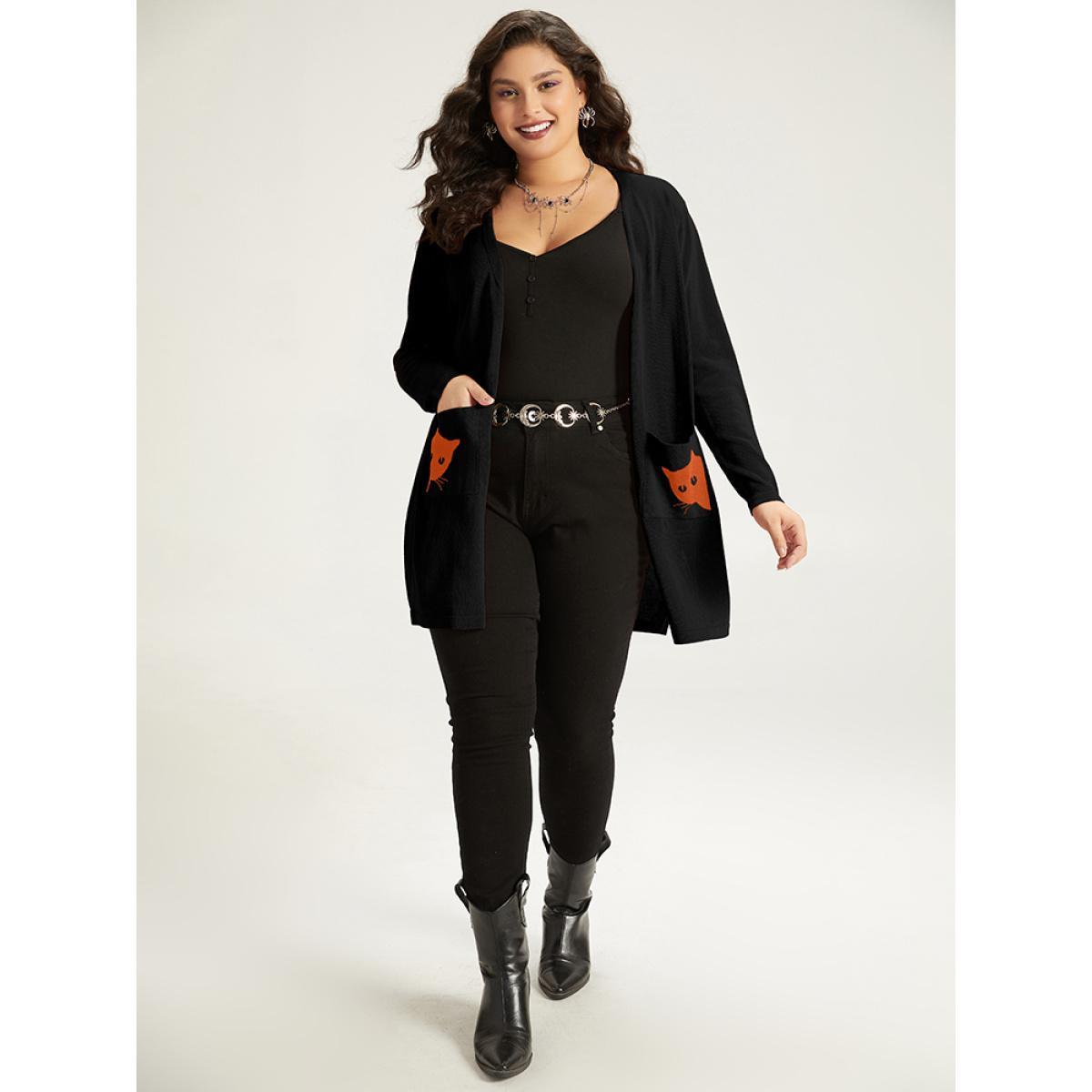 Plus Size Halloween Cat Print Split Side Patched Pocket Cardigan Black Women Casual Loose Long Sleeve Festival-Halloween Cardigans BloomChic 26/4X Product Image