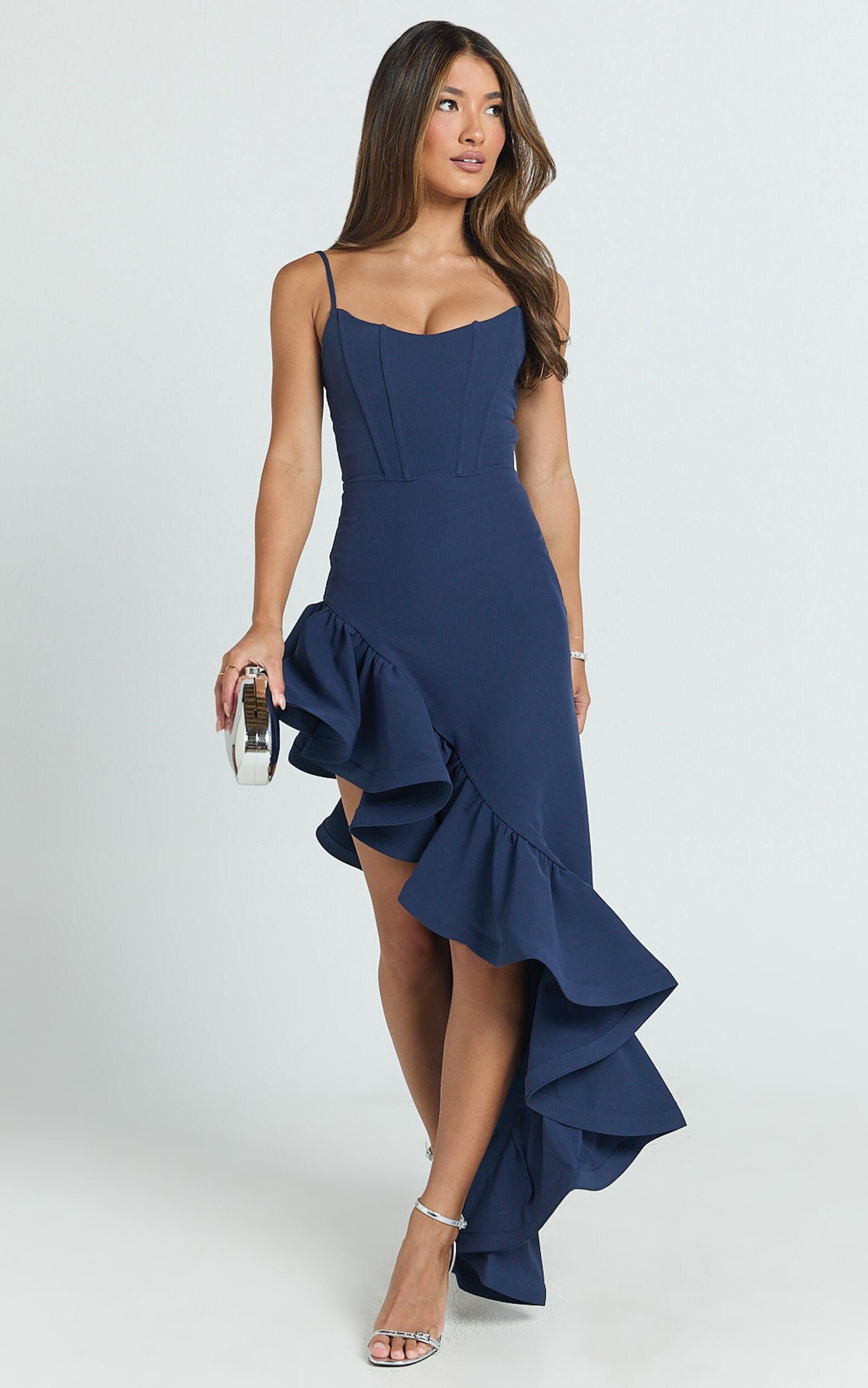 Maura Maxi Dress - Scoop Neckline Ruffle High Low Dress in Navy Product Image