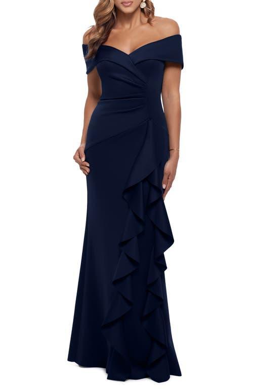 Xscape Petite Size Ruffled Off-the-Shoulder Short Sleeve Crepe Sheath Gown Product Image