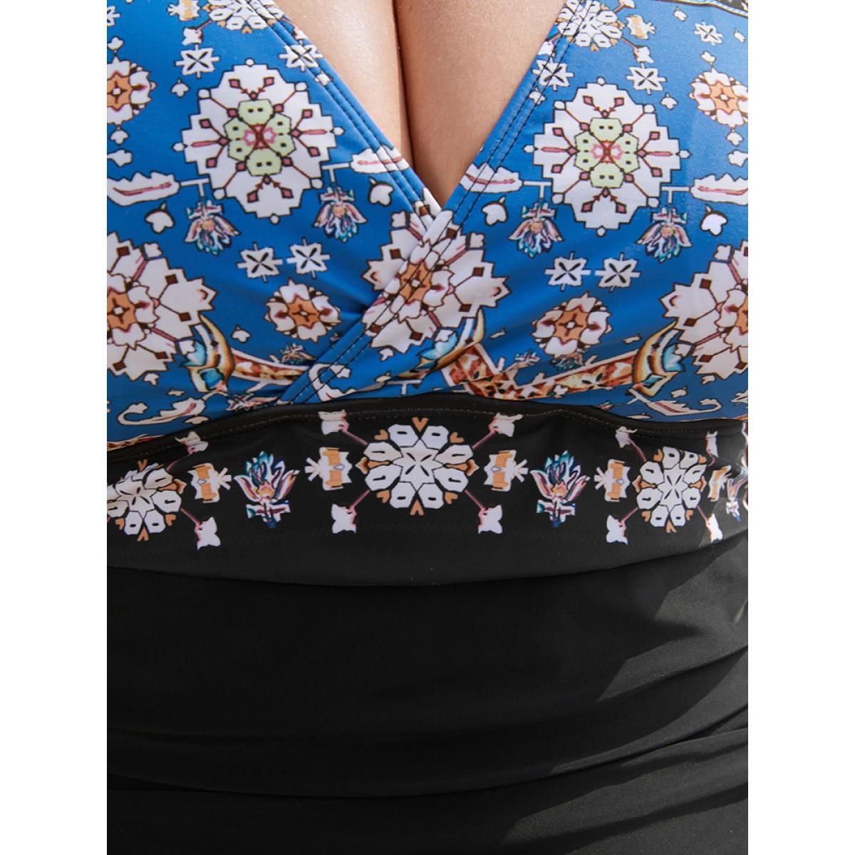 Plus Size Bandana Patchwork Ruched Wrap One Piece Swimsuit Women's Swimwear Black Vacation Adjustable Straps Curve Bathing Suits High stretch One Pieces BloomChic 14-16/1X Product Image