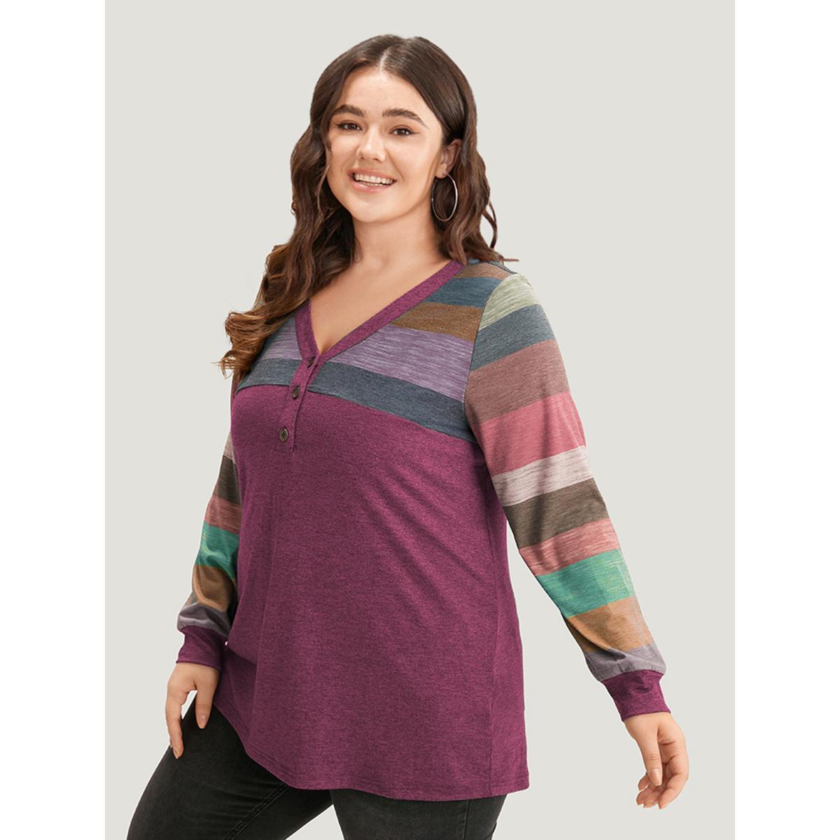 Plus Size Colorblock Contrast V Neck Button Up T-shirt Russet Women Casual Elastic cuffs Striped V-neck Everyday T-shirts BloomChic 12/L Product Image