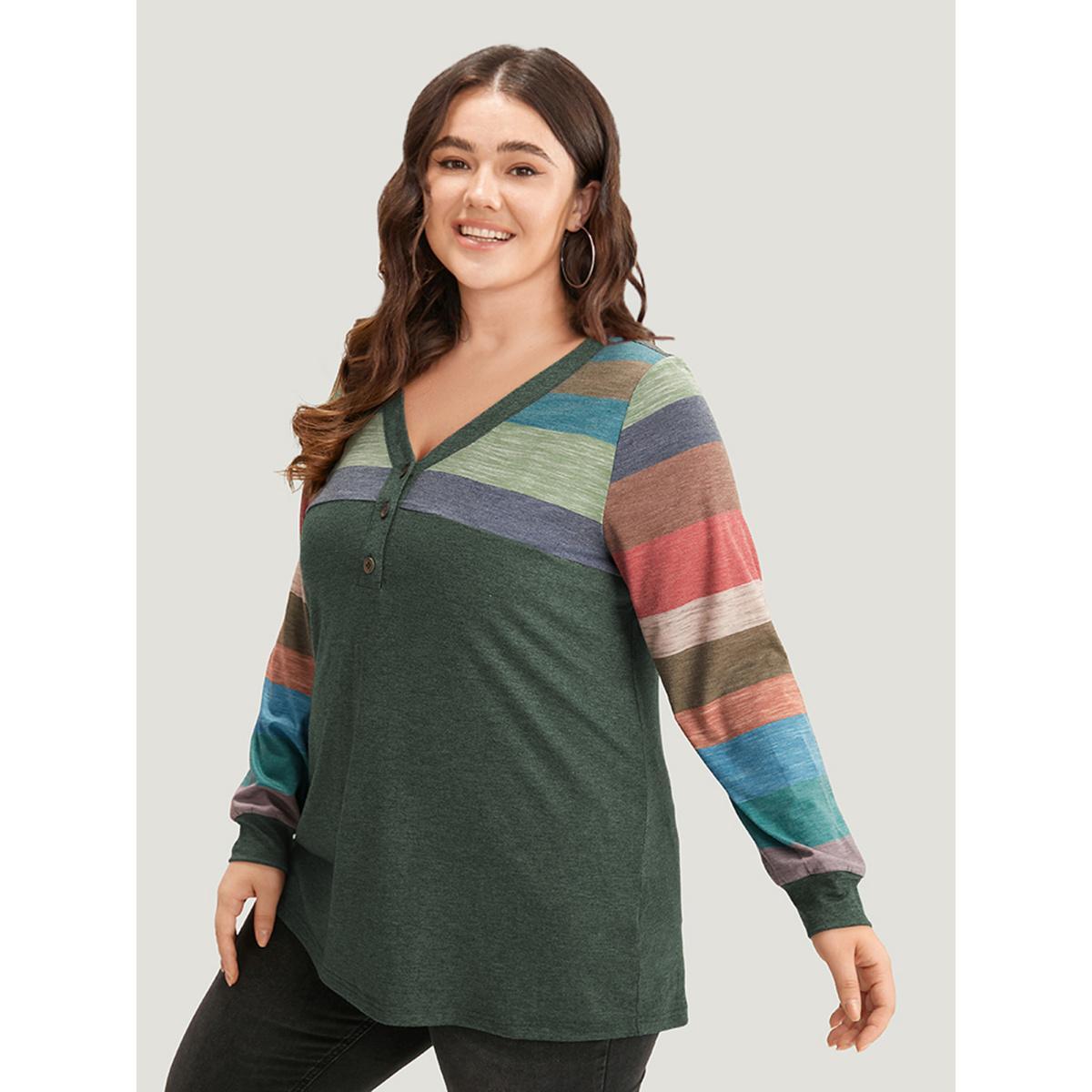 Plus Size Colorblock Contrast V Neck Button Up T-shirt Russet Women Casual Elastic cuffs Striped V-neck Everyday T-shirts BloomChic 12/L Product Image