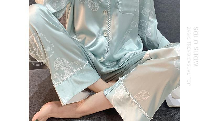 Pajama Set: Long-Sleeve Lapel Collar Floral Print Lace Trim Button-Up Top + Pants Product Image