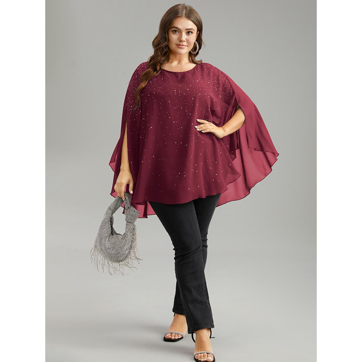 Plus Size Scarlet Chiffon Rhinestone Split Dolman Sleeve Blouse Women Cocktail Elbow-length sleeve Round Neck Party Blouses BloomChic 28/5X Product Image
