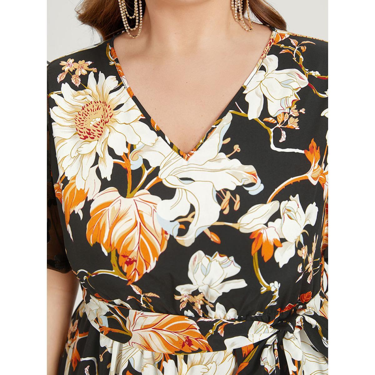 Plus Size Floral Print Mesh Pocket Belted Patchwork Dress Black Women Glamour Belted V-neck Short sleeve Curvy Knee Dress BloomChic 26/4X Product Image