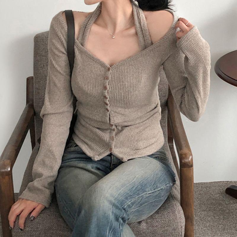 Long-Sleeve Halter Neck Plain Knit Top Product Image
