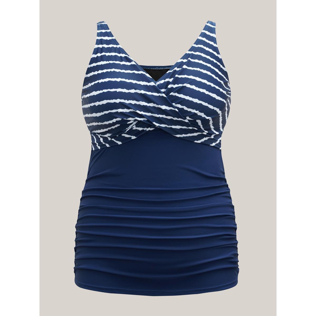 Plus Size Stripes Spliced Ruched Swim Tankini Women's Swimwear Indigo Beach Gathered High stretch Skinny Overlap Collar Curve Swim Tops BloomChic 18-20/2X Product Image