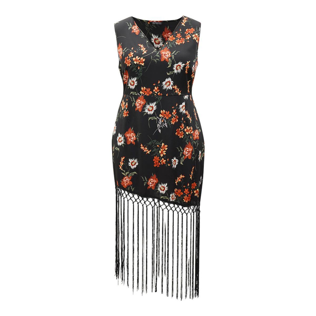 Plus Size Floral Print Fringe Trim V Neck Tank Dress Black Women Glamour Tassels V-neck Sleeveless Curvy Knee Dress BloomChic 18-20/2X Product Image