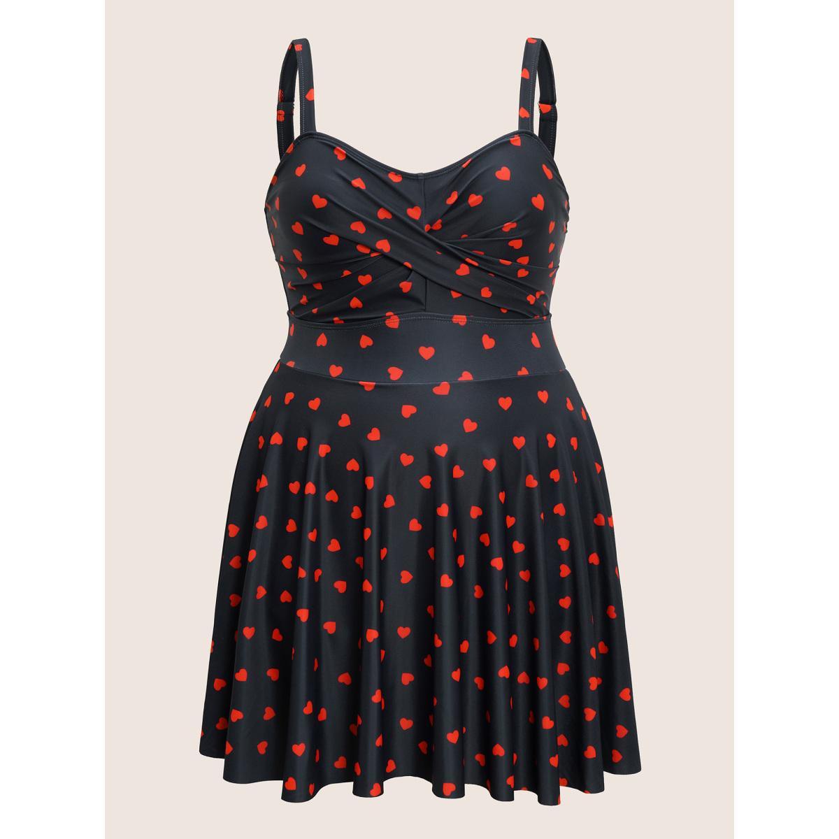 Plus Size Heart Print Crossover Adjustable Straps Swim Dress Women's Swimwear Black Beach Bodycon Heart neckline High stretch Curve Swim Dresses BloomChic 26/4X Product Image