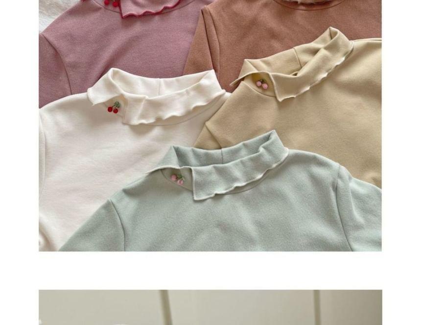 Long Sleeve Mock Neck Cherry Detail Plain Ruffle Trim Top Product Image