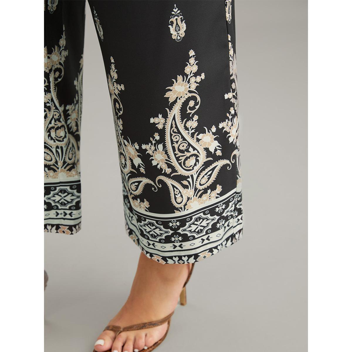 Plus Size Paisley High Rise Elastic Waist Pants Women Black Resort Wide Leg High Rise Vacation Pants BloomChic 14-16/1X Product Image