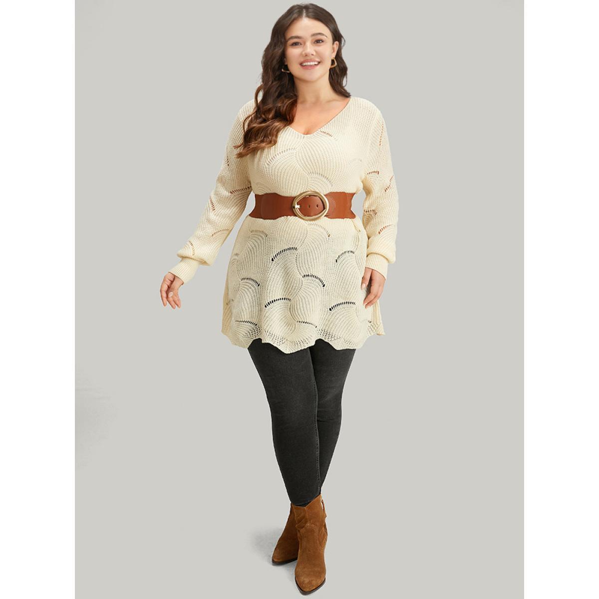 Plus Size Hollow Out Asymmetrical Hem Pullover Apricot Women Casual Loose Long Sleeve V-neck Dailywear Pullovers BloomChic 10/M Product Image