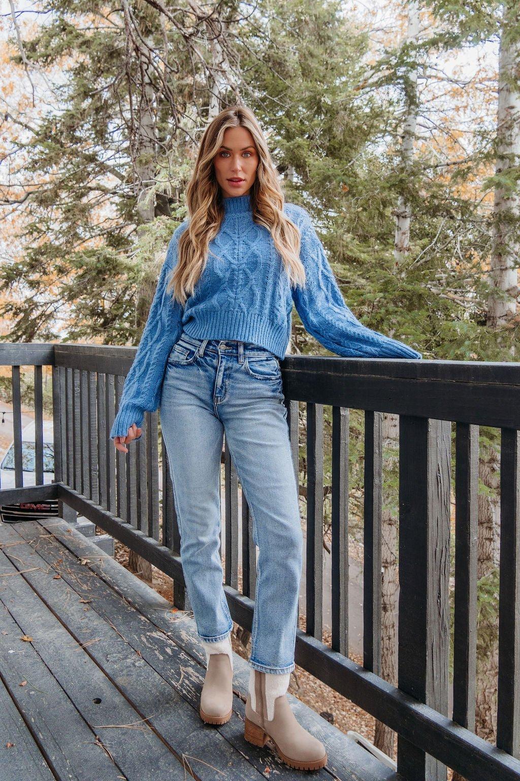Blue Cable Knit Mock Neck Sweater - FINAL SALE Product Image