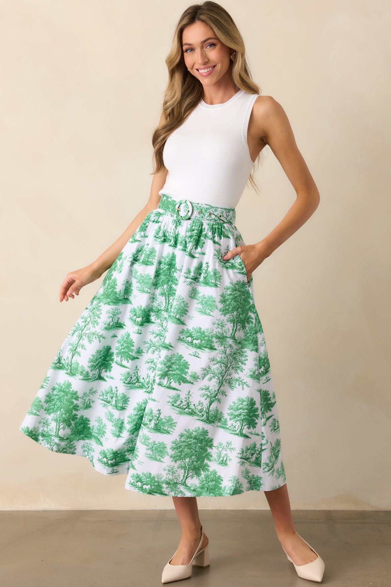 Thena Eden Green Toile Cotton Belted Midi Skirt Product Image