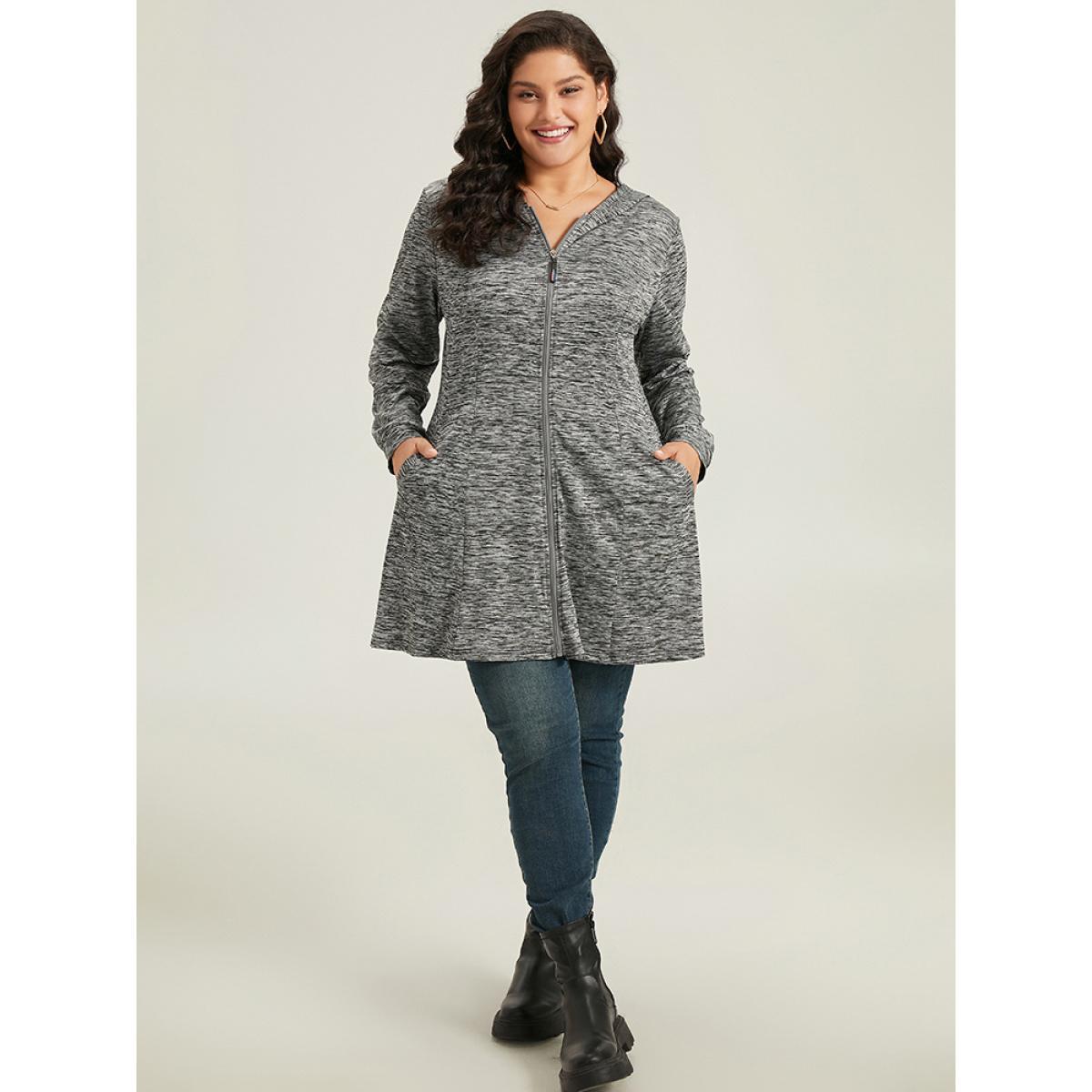 Plus Size Plain Heather Zipper Pocket Hooded Jacket Women DimGray Plain Pocket Dailywear Jackets BloomChic 30/6X Product Image