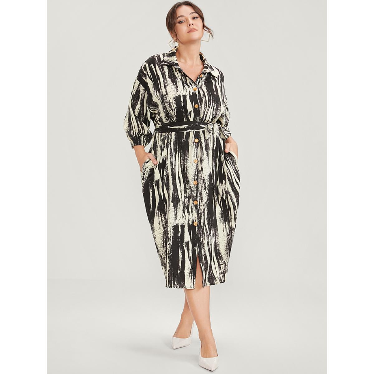 Plus Size Shirt Collar Pocket Belted Button Up Dress Black Women Office Belted Shirt collar Long Sleeve Curvy Midi Dress BloomChic 30/6X Product Image