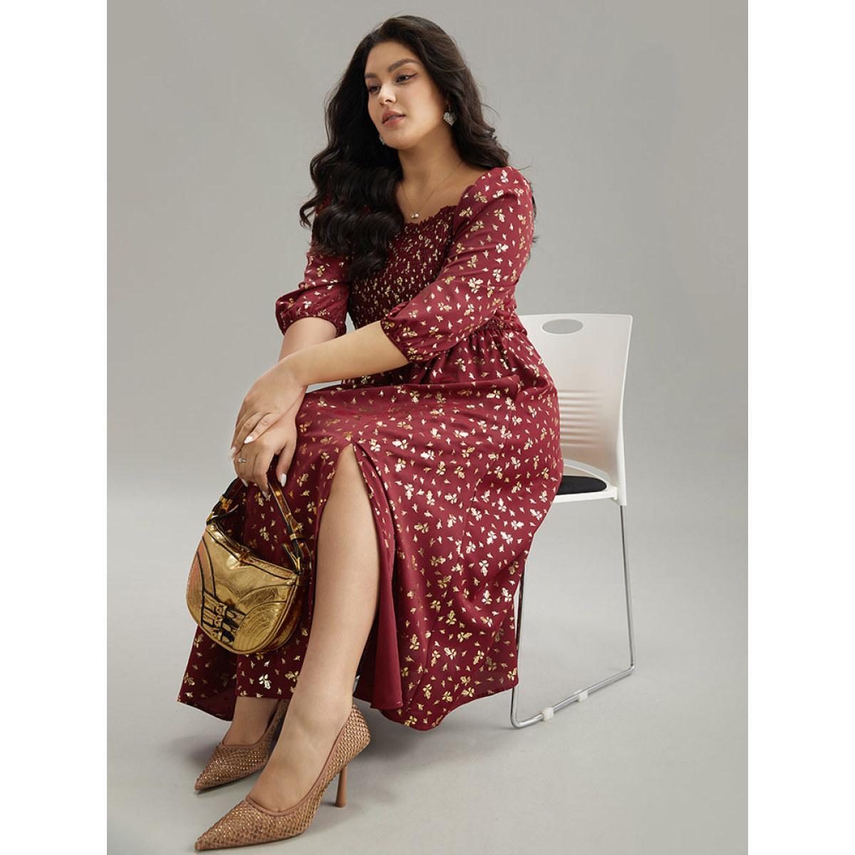 Plus Size Glitter Square Neck Shirred Split Front Frill Trim Dress Scarlet Women Party Elastic cuffs Square Neck Elbow-length sleeve Curvy Midi Dress BloomChic 28/5X Product Image