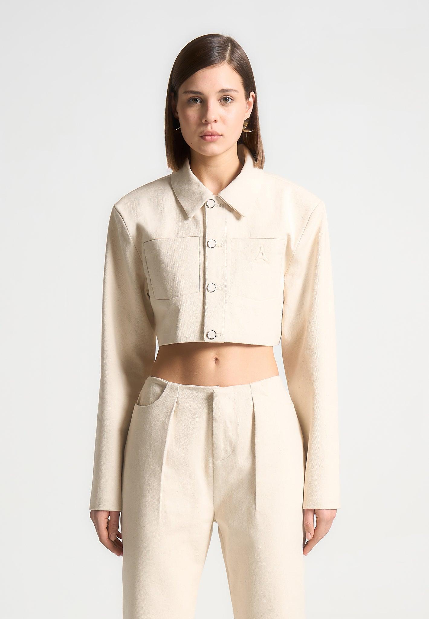 Wide Shoulder Cropped Denim Jacket - Cream Female Product Image
