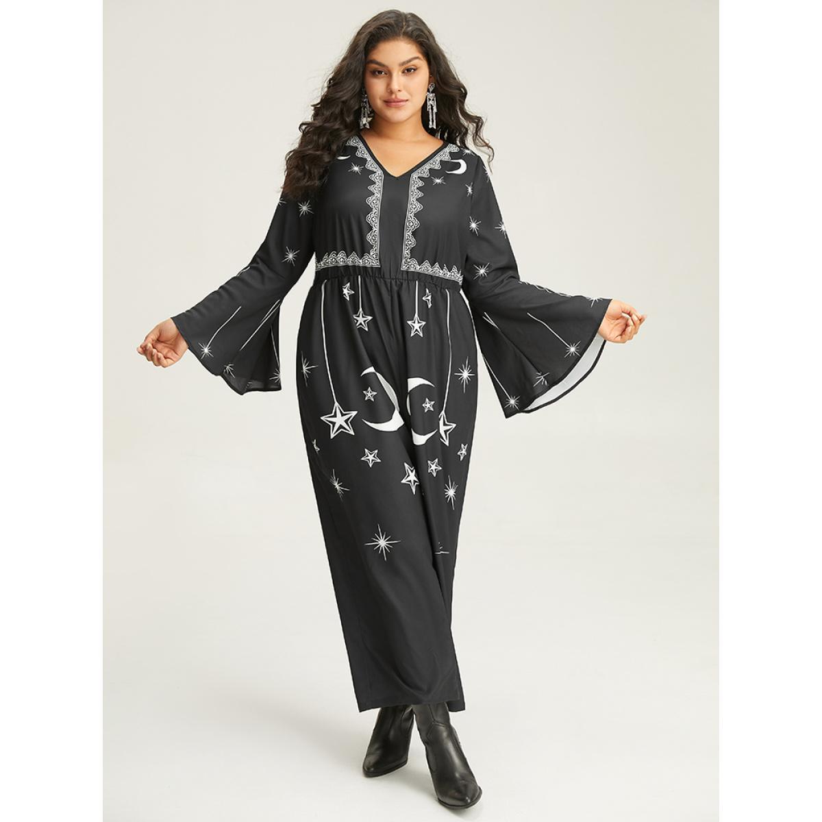 Plus Size Black Halloween Moon & Star Elastic Waist Bell Sleeve Jumpsuit Women Casual Long Sleeve V-neck Festival-Halloween Loose Jumpsuits BloomChic 12/L Product Image