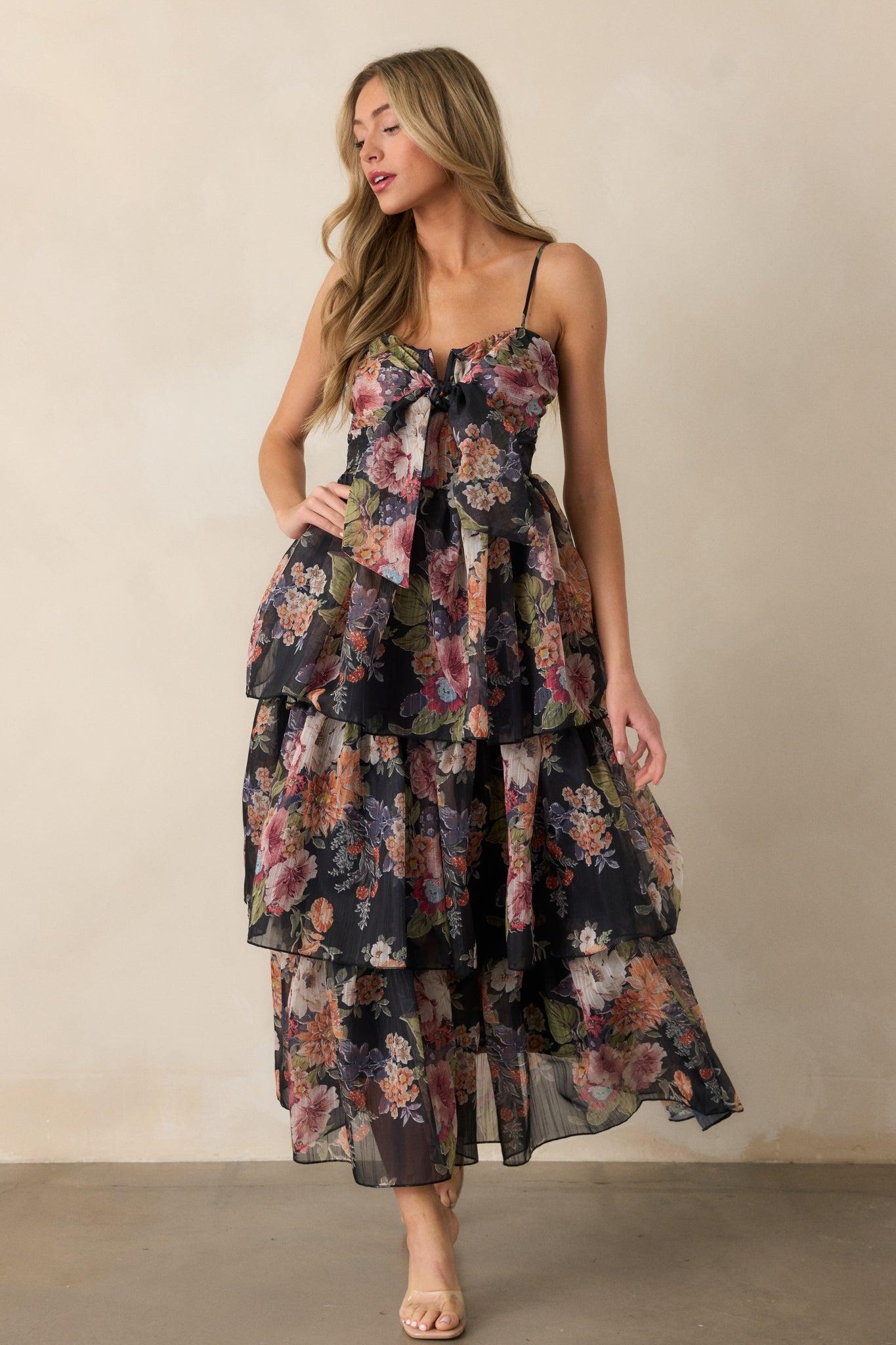 Wishing You Well Navy Floral Tiered Midi Dress Product Image