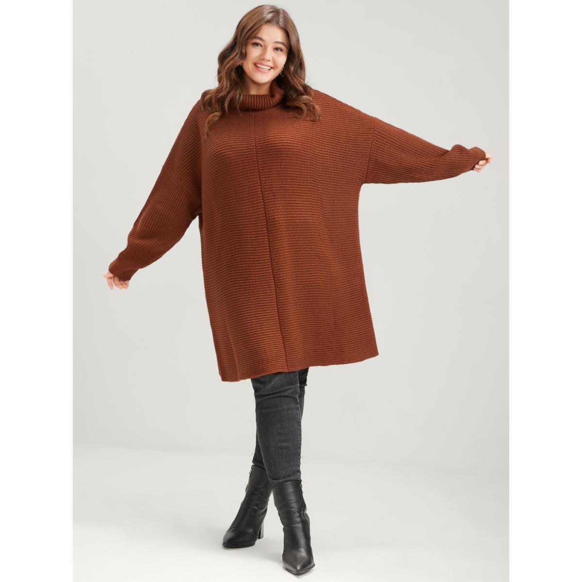 Plus Size Solid Pointelle Knit Dolman Sleeve Funnel Neck Knit Top Brown Women Elegant Oversized Long Sleeve Turtleneck Dailywear Pullovers BloomChic 30/6X Product Image