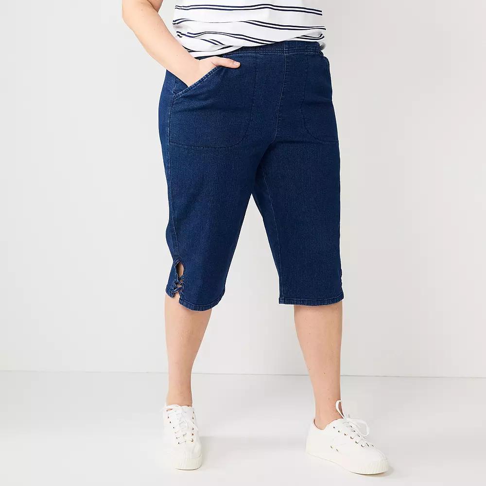 Plus Size Croft & Barrow® Lattice-Hem Pull-On Mid-Rise Skimmer Jeans, Women's, Size: 3XL, Dark Blue Product Image