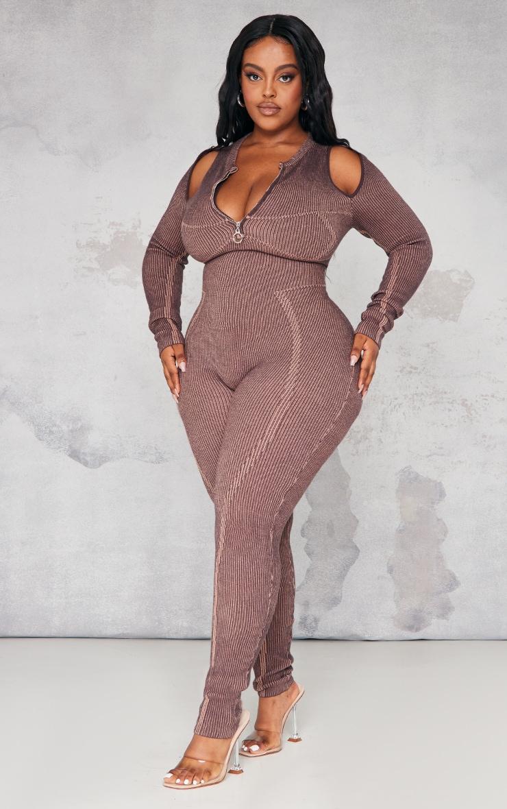 Plus Chocolate Cold Shoulder Seam Detail Jumpsuit Product Image